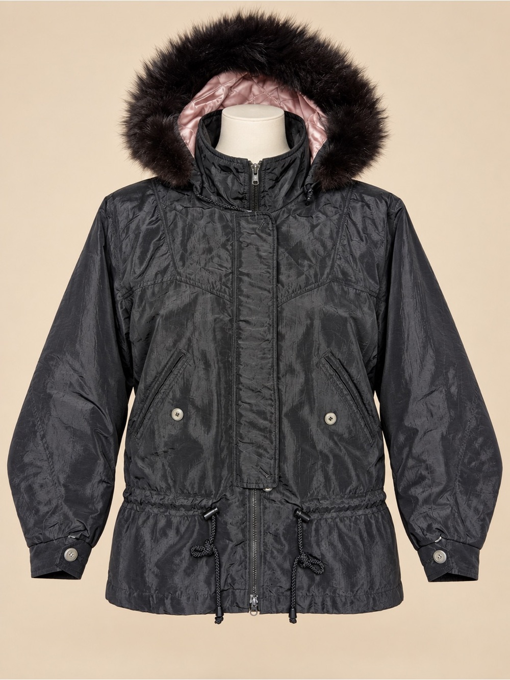 J.G. Hook Black Fur-Trim Hooded Parka Coat Pink Lining Size 10